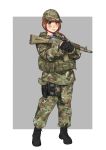  1girl absurdres ak-105 army assault_rifle baseball_cap brown_hair camouflage commentary english_commentary fingerless_gloves full_body glock gloves green_eyes gun handgun hat highres holster holstered_weapon load_bearing_vest looking_at_viewer military millimeter original pistol ponytail rifle russia shirt simple_background solo striped striped_shirt thigh_holster weapon 