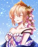  1girl blonde_hair breasts cleavage closed_eyes collarbone diadem europa_(granblue_fantasy) flower granblue_fantasy hair_flower hair_ornament hair_over_one_eye medium_breasts off_shoulder orange_flower pashi_(pasi_gbf) purple_flower short_hair solo upper_body 