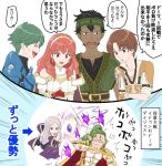  2girls 4boys alm_(fire_emblem) armor belt black_hair brown_eyes brown_hair celica_(fire_emblem) closed_eyes dark_skin dark_skinned_male doma_(fire_emblem) dress earrings fire_emblem fire_emblem:_fuuin_no_tsurugi fire_emblem_echoes:_mou_hitori_no_eiyuuou fire_emblem_heroes from_side gloves green_eyes green_hair grey_(fire_emblem) hairband headband heterochromia hksi1pin idoun jewelry long_hair long_sleeves mamkute multiple_boys multiple_girls nintendo open_mouth pointy_ears ponytail purple_hair red_eyes redhead robin_(fire_emblem_gaiden) short_hair short_sleeves stone translation_request 