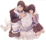  1girl 2boys black_hair bow bowtie brown_hair cape closed_eyes dashi_(minzoku_gb) family father_and_son formal group_hug hat highres hug husband_and_wife kaitou_kid kuroba_chikage kuroba_kaito kuroba_toichi long_sleeves magic_kaito meitantei_conan mother_and_son multiple_boys short_hair smile suit top_hat 