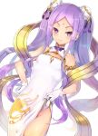  &gt;:) 1girl bow bowtie bun_cover china_dress chinese_clothes commentary_request cowboy_shot dress dress_lift fate/grand_order fate_(series) gloves hagoromo hands_on_hips lifted_by_self long_hair looking_at_viewer pelvic_curtain purple_bow purple_hair purple_neckwear shawl side_slit sidelocks simple_background smile solo sumisu_(mondo) tassel twintails v-shaped_eyebrows very_long_hair white_background white_dress white_gloves wu_zetian_(fate/grand_order) 