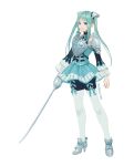  1girl aqua_hair armor blue_eyes blue_skirt butyou_(mika1412) full_body grey_footwear high_heels holding holding_sword holding_weapon long_hair long_sleeves looking_at_viewer original pantyhose rapier sidelocks skirt solo standing sword twintails watermark weapon web_address white_background white_legwear 