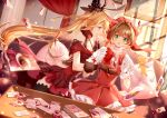  2girls antenna_hair bangs black_legwear blonde_hair blurry blurry_foreground blush bow brown_gloves brown_hair card card_captor_sakura character_request cherry_blossoms chestnut_mouth clouble clow_card commentary_request couch creature crescent crossover curtains depth_of_field dress dutch_angle eyebrows_visible_through_hair forever_7th_capital fur-trimmed_gloves fur_trim gloves green_eyes hair_between_eyes hair_intakes hat highres holding holding_card indoors kero kinomoto_sakura long_hair multiple_girls on_couch parted_lips picture_frame pillow pleated_dress profile puffy_short_sleeves puffy_sleeves red_dress red_eyes red_headwear shirt short_sleeves sleeveless sleeveless_dress sunlight sunset table thigh-highs upper_teeth very_long_hair white_bow white_gloves white_shirt 