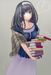  ! 1girl black_hair blue_eyes blue_shirt collarbone grey_background grey_skirt hairband highres holding idolmaster idolmaster_cinderella_girls jewelry long_hair looking_at_viewer necklace plaid plaid_sash sagisawa_fumika sash shirt skirt solo speech_bubble standing sterilizedgauze-qhx white_hairband 