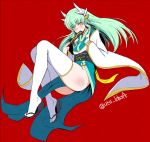  1girl ass blush eyebrows_visible_through_hair fan fate/grand_order fate_(series) full_body hair_ornament highres horns japanese_clothes kimono kiyohime_(fate/grand_order) long_hair looking_at_viewer red_background sandals sash simple_background sleeves_past_wrists solo thigh-highs utu_(ldnsft) white_background white_legwear yellow_eyes 