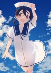  1girl 8ne_(nitika127) black_hair blue_sky clouds cowboy_shot day dress hat hiburi_(kantai_collection) kantai_collection low_ponytail open_mouth outdoors red_eyes round_teeth sailor_collar sailor_dress sailor_hat short_hair short_sleeves sky smile solo teeth upper_teeth white_dress white_headwear white_legwear 