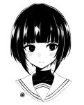  1girl alzcats bangs blunt_bangs blush bob_cut commentary cropped_shoulders english_commentary expressionless face flower highres idolmaster idolmaster_cinderella_girls looking_to_the_side monochrome portrait sailor_collar school_uniform shirayuki_chiyo short_hair simple_background solo white_background 
