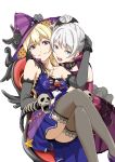  2girls alternate_hairstyle bang_dream! bangs black_gloves black_legwear blonde_hair blue_dress blue_eyes bow bowtie bracelet brooch commentary_request crescent crescent_earrings detached_collar dress earrings elbow_gloves fangs gloves grin halloween hand_on_another&#039;s_head hat highres jack-o&#039;-lantern jewelry karatachi_t legs_crossed long_hair looking_at_viewer multiple_girls open_mouth print_hat purple_dress purple_headwear shirasagi_chisato side_ponytail simple_background single_strap sitting skull smile star star_print striped_hat thigh-highs throne v-shaped_eyebrows violet_eyes wakamiya_eve white_background white_hair wing_hair_ornament witch_hat 