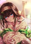  1girl artist_request bangs bare_shoulders barefoot blue_eyes blurry blurry_background blush breasts brown_hair feet feet_up hair_between_eyes hairband highres idolmaster idolmaster_cinderella_girls large_breasts long_hair long_sleeves looking_at_viewer lying off-shoulder_sweater off_shoulder on_stomach sagisawa_fumika shawl solo sweater 