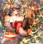  1girl bare_shoulders belt black_legwear blurry blurry_foreground blush breasts brown_eyes brown_hair candle christmas christmas_ornaments christmas_tree cocktail cocktail_glass cup curtains cushion depth_of_field dress drink drinking_glass eating food fork frilled_legwear fruit fur-trimmed_dress garter_straps gold_nails holding holding_cup holding_food holding_fruit indoors itofuya jewelry knees_up lace lace-trimmed_legwear large_breasts long_sleeves looking_at_viewer lying medium_hair nail_polish off-shoulder_dress off_shoulder on_back original plate pom_pom_(clothes) red_dress ring santa_costume santa_dress short_dress short_shorts shorts shorts_under_dress solo sparkle star strawberry table thigh-highs thighs twitter_username yellow_nails 