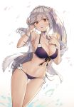  1girl adjusting_hair aliceblue azur_lane bangs bikini blush breasts butterfly_hair_ornament choker cleavage collarbone dunkerque_(azur_lane) eyebrows_visible_through_hair flower grey_hair hair_ornament hairband hand_on_own_chest highres jacket large_breasts long_hair looking_at_viewer navel off_shoulder open_clothes open_jacket open_mouth pink_eyes ponytail purple_bikini sapphire_(gemstone) side-tie_bikini sidelocks solo stomach swimsuit thighs 