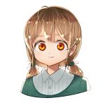  1girl bangs brown_hair buttons collared_shirt commentary commentary_request dress_shirt eyebrows hair_between_eyes looking_at_viewer m87_black_hole medium_hair orange_eyes personification portrait shirt simple_background smile solo sweater_vest twintails white_background white_shirt wing_collar yuui_thiigo 