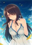  1girl aotsu_karin arm_behind_back bangs bare_arms bare_shoulders black_hair blue_dress blue_ribbon blue_sky blush breasts cleavage closed_mouth collarbone commentary_request day dress hair_over_one_eye hand_on_own_chest large_breasts long_hair looking_at_viewer nose_blush original outdoors petals revision ribbon sky sleeveless sleeveless_dress smile solo sundress upper_body very_long_hair violet_eyes 