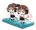 2girls :d artist_name black_legwear black_skirt blush brown_eyes brown_hair chibi closed_mouth commentary_request faux_figurine full_body hachimaki hair_between_eyes hand_on_hilt headband highres hyuuga_(kantai_collection) ise_(kantai_collection) japanese_clothes kantai_collection katana kneehighs long_sleeves multiple_girls nontraditional_miko open_mouth pleated_skirt ponytail remodel_(kantai_collection) ribbon-trimmed_sleeves ribbon_trim sheath short_hair simple_background skirt smile sword taisa_(kari) undershirt v-shaped_eyebrows weapon white_background white_headband wide_sleeves yumi_(bow) 