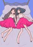  2girls absurdres bangs bare_legs barefoot blue_background blue_eyes blue_hair blunt_bangs brown_hair eyebrows_visible_through_hair hands_together highres inata17ta long_hair lying multiple_girls on_back on_bed original pillow pink_skirt skirt very_long_hair violet_eyes 