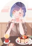  1girl bare_shoulders blue_hair blush bob_cut brown_shirt cake cheesecake chocolate_syrup closed_eyes coffee commentary cup darling_in_the_franxx drink drinking_glass drinking_straw eating foam food fork hair_ornament hairclip hand_on_own_face heart ichigo_(darling_in_the_franxx) light_smile mina_(mina_k_13) off_shoulder pumpkin raised_eyebrows shirt short_hair solo table upper_body 