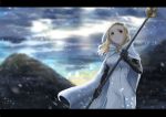  1girl black_gloves blonde_hair blurry blurry_background brown_eyes cape clouds cocoa_1211 cowboy_shot dress elbow_gloves gloves highres long_hair mountain octopath_traveler ophilia_(octopath_traveler) outdoors smile snowing solo staff standing white_cape white_dress 