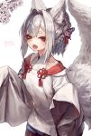 1girl animal_ears braid collarbone fang flower fox_ears fox_girl fox_tail hair_between_eyes hair_ornament highres japanese_clothes open_mouth original red_eyes silver_hair simple_background solo suzuno_(bookshelf) tail thick_eyebrows white_background 
