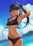  1girl alternate_breast_size alternate_costume arms_up bikini black_bikini black_hair blue_eyes blue_sky blurry blush breasts clouds collarbone cover cover_page cowboy_shot day depth_of_field doujin_cover eyebrows_visible_through_hair hair_ribbon highres horizon houshou_(kantai_collection) kantai_collection large_breasts looking_at_viewer mountain navel ocean outdoors ponytail ribbon simple_background sky solo swimsuit tan towel wa_(genryusui) water white_background white_towel 