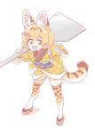  1girl :3 adapted_costume animal_ear_fluff animal_ears blonde_hair commentary_request extra_ears eyebrows_visible_through_hair hair_ornament hairclip kemono_friends lucky_beast_(kemono_friends) mitsumoto_jouji multicolored_hair open_mouth plaid print_legwear serval_(kemono_friends) serval_ears serval_print serval_tail short_hair solo tagme tail thigh-highs yellow_eyes 
