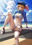  1girl absurdres arm_support artoria_pendragon_(all) baseball_cap bench bikini blonde_hair blue_eyes blue_sky breasts cleavage clouds fate/grand_order fate_(series) fujifuji924 groin hat high_heels highres horizon light_rays mysterious_heroine_xx_(foreigner) navel ocean ponytail railing shrug_(clothing) side-tie_bikini sky smile solo swimsuit thighs wristband 