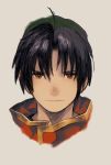  1boy 1girl bandanna black_hair brown_eyes closed_mouth commentary_request gensou_suikoden gensou_suikoden_i looking_at_viewer maekakekamen simple_background solo tir_mcdohl 