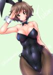  1girl akiyama_yukari animal_ears bangs bare_shoulders black_leotard blue_background blush breasts breasts_apart brown_eyes brown_hair bunny_girl bunnysuit character_name closed_mouth commentary_request covered_navel cowboy_shot detached_collar fake_animal_ears girls_und_panzer hair_between_eyes impossible_clothes impossible_leotard kamogawa_tanuki large_breasts legs_together leotard looking_at_viewer messy_hair pantyhose rabbit_ears salute shiny shiny_clothes shiny_hair shiny_skin short_hair simple_background smile solo strapless strapless_leotard thighs wrist_cuffs 