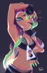  1girl ;) aqua_eyes arm_up armpits black_gloves breasts cleavage dark_skin fingerless_gloves furrowed_eyebrows gloves gradient_hair green_hair green_skin grin groin headphones highres horizontal_pupils iida_(splatoon) long_hair looking_at_viewer medium_breasts mole mole_under_mouth multicolored multicolored_hair multicolored_skin navel_piercing octarian one_eye_closed piercing pink_pupils purple_hair ryuji_(red-truth) smile solo splatoon splatoon_(series) splatoon_2 suction_cups tentacle_hair two-tone_hair two-tone_skin unzipped zipper zipper_pull_tab 