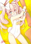  :3 animal_ear_fluff animal_ears armpits arms_up bare_shoulders blonde_hair blue_eyes bow bunny_girl bunny_tail bunnysuit covered_navel curly_hair hair_bow leotard long_hair mayuzaki_yuu open_mouth original pantyhose rabbit_ears ribbon smile strapless strapless_leotard tail twintails white_legwear white_leotard 