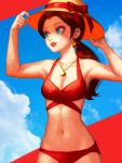  1girl aqua_eyes artist_name bellhenge bikini black_hair blue_sky bow breasts cleavage clouds cloudy_sky cowboy_shot crescent_necklace earrings hat hat_bow hat_ribbon jewelry lipstick long_hair makeup super_mario_bros. medium_breasts navel necklace nintendo pauline_(mario) ponytail red_bikini red_bikini_bottom red_bikini_top red_bow red_lipstick red_ribbon ribbon sky smile solo sparkle super_mario_odyssey swimsuit 