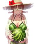  1girl akizuki_ritsuko bikini braid breasts brown_eyes brown_hair chiaki_rakutarou cleavage collarbone commentary flower food fruit green-framed_eyewear green_bikini grin half-closed_eyes hat hat_flower hibiscus highres holding holding_food holding_fruit idolmaster idolmaster_(classic) jacket large_breasts long_sleeves looking_at_viewer sidelocks simple_background smile solo straw_hat striped striped_bikini sun_hat swimsuit twin_braids twintails upper_body veins veiny_breasts vertical-striped_bikini vertical_stripes watermelon white_background 