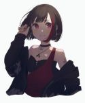  bang_dream! bare_shoulders black_collar black_hair black_jacket black_shirt bob_cut choker collar hand_in_hair highres hood hooded_jacket jacket long_sleeves looking_to_the_side mitake_ran multicolored_hair off_shoulder red_eyes redhead shirt short_hair streaked_hair unapoppo violet_eyes white_background 