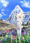  1girl alpaca_ears alpaca_suri_(kemono_friends) alpaca_tail animal_ears bangs blonde_hair blue_eyes bodystocking breast_pocket day extra_ears eyebrows_visible_through_hair flower fuji_takanasu full_body fur-trimmed_sleeves fur_scarf fur_trim grass hair_bun hair_over_one_eye highres horizontal_pupils kemono_friends long_sleeves looking_at_viewer medium_hair mountain neck_ribbon open_mouth outdoors own_hands_together platinum_blonde_hair pocket ribbon scarf short_over_long_sleeves short_sleeves shorts sidelocks smile solo standing sweater_vest tail 