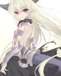  1girl bangs black_skirt blonde_hair breasts closed_mouth collar commentary_request eyebrows_visible_through_hair from_side hair_between_eyes highres horns isekai_maou_to_shoukan_shoujo_no_dorei_majutsu krebskrum long_hair looking_at_viewer looking_to_the_side metal_collar pointy_ears red_eyes skirt small_breasts smile solo tail tsurusaki_takahiro vambraces very_long_hair white_background 
