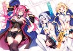  3girls :o arms_up black_hairband black_legwear black_skirt blonde_hair blue_capelet blue_eyes blush breasts brown_eyes capelet cleavage dakara_ore_wa_maryoku_kyoukyuu_wo_kotowarenai detached_collar eve_(dakara_ore_wa_maryoku_kyoukyuu_wo_kotowarenai) fetal_position hair_between_eyes hair_intakes hair_ornament hairband highres hood hooded_capelet large_breasts long_hair looking_at_viewer lying midriff miniskirt multiple_girls navel novel_illustration official_art on_back on_side open_clothes open_skirt pink_eyes pink_hair pleated_skirt rosalie_(dakara_ore_wa_maryoku_kyoukyuu_wo_kotowarenai) shiny shiny_hair shiny_skin shirt sideboob silver_hair skirt sleeveless sleeveless_shirt small_breasts smile sonia_(dakara_ore_wa_maryoku_kyoukyuu_wo_kotowarenai) stomach thigh-highs twintails under_boob very_long_hair white_legwear white_neckwear white_shirt wrist_cuffs youta zettai_ryouiki 