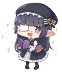 +_+ 1girl :d bangs beret black_hair black_legwear blunt_bangs blush book commentary_request dress drooling ear_blush eyebrows_visible_through_hair eyepatch frilled_dress frills full_body granblue_fantasy harvin hat holding holding_book long_hair long_sleeves lunalu_(granblue_fantasy) medical_eyepatch nogisaka_kushio nose_blush open_book open_mouth pigeon-toed pointy_ears reading simple_background smile solo sparkle violet_eyes wavy_mouth white_background wide_sleeves 