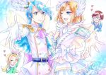  1girl 3boys ;) aisaki_masato blue_eyes blue_hair bob_cut bow cure_infini cure_waffle earrings gloves hair_ornament heart hugtto!_precure jewelry kirahoshi_ciel kirakira_precure_a_la_mode long_hair looking_at_viewer magical_boy male_focus multiple_boys one_eye_closed outstretched_hand parari_(parari000) pikario_(precure) precure smile sparkle spoilers violet_eyes wakamiya_henri white_gloves wing_hair_ornament wings 