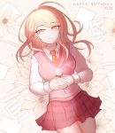  1girl ahoge akamatsu_kaede artist_name bangs beamed_eighth_notes blonde_hair breasts commentary_request dangan_ronpa dated eighth_note eyebrows_visible_through_hair floral_print flower from_above hair_ornament happy_birthday long_hair long_sleeves looking_at_viewer lying medium_breasts musical_note musical_note_hair_ornament necktie new_dangan_ronpa_v3 on_back orange_neckwear pleated_skirt school_uniform shirt skirt smile solo sweater_vest tokilos violet_eyes 
