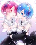  2girls apron asymmetrical_docking bare_shoulders black_dress blue_eyes blue_hair blush breast_press breasts cleavage cleavage_cutout detached_sleeves dress flower hair_flower hair_ornament hair_over_one_eye hair_ribbon haiso_o hand_holding hand_on_another&#039;s_back highres hug interlocked_fingers long_sleeves looking_at_viewer maid maid_headdress medium_breasts multiple_girls parted_lips petals pink_eyes pink_hair pink_ribbon purple_ribbon ram_(re:zero) re:zero_kara_hajimeru_isekai_seikatsu rem_(re:zero) ribbon short_hair siblings sisters twins upper_teeth waist_apron white_apron wide_sleeves x_hair_ornament 