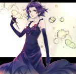  1girl ahoge baccano! breasts chane_laforet cleavage collarbone dress elbow_gloves evening_gown floating_hair flower gloves holding holding_knife knife long_dress looking_at_viewer medium_breasts purple_dress purple_gloves purple_hair purple_ribbon red_flower ribbon riq short_hair sleeveless sleeveless_dress solo standing white_background yellow_eyes 