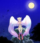  1girl angel_wings anzuni_(marblefrog) armor bandage blonde_hair boots breath_of_fire breath_of_fire_i closed_mouth commentary_request elbow_gloves gloves green_eyes hairband knee_boots leotard looking_at_viewer moon nina_(breath_of_fire_i) rock short_hair smile solo thigh-highs white_wings wings 