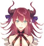  1girl :d bangs blue_ribbon blush breasts curled_horns dragon_horns elizabeth_bathory_(fate) elizabeth_bathory_(fate)_(all) eyebrows_visible_through_hair fangs fate/extra fate/extra_ccc fate_(series) green_eyes hair_between_eyes hair_ribbon horns long_hair open_mouth pig_ggul redhead ribbon simple_background small_breasts smile solo two_side_up upper_body white_background 