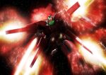  beam_cannon commentary_request energy_cannon firing green_eyes gundam gundam_00 light_particles mecha mobile_suit no_humans one-eyed reborns_cannon robographer science_fiction solo space star_(sky) weapon 