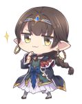  1girl :3 braid brown_hair character_request chibi commentary_request diadem earrings eyebrows_visible_through_hair full_body granblue_fantasy hand_on_own_chin harvin hoop_earrings jewelry long_hair looking_at_viewer nogisaka_kushio pointy_ears robe simple_background smug solo sparkle white_background wide_sleeves yellow_eyes 