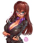  1girl amania_orz breasts brown_hair cleavage collarbone earrings formal glasses green_eyes jewelry large_breasts long_hair long_sleeves looking_at_viewer mole mole_under_mouth solo suit 