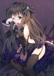  1girl absurdres arcaea bangs bare_shoulders between_legs black_bow black_legwear black_shirt black_sleeves blue_eyes blush bow brown_hair commentary detached_sleeves eyebrows_visible_through_hair feet_out_of_frame garter_straps hair_between_eyes hair_bow hair_intakes hand_between_legs heart highres long_hair long_sleeves one_eye_closed parted_lips pleated_skirt purple_skirt rubbing_eyes shirt sketch skirt sleeveless sleeveless_shirt solo sparkle striped striped_bow symbol_commentary tairitsu_(arcaea) tandohark tears thigh-highs very_long_hair wide_sleeves 