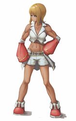  1girl abs blonde_hair blue_eyes dark_skin medium_hair midriff muscle muscular_female navel original ranma_(kamenrideroz) simple_background tan white_background 