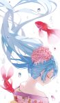  1girl alternate_costume alternate_hairstyle animal bangs bare_shoulders blue_hair close-up closed_eyes commentary earrings expressionless fish floating_hair flower flower_request goldfish hair_flower hair_ornament hatsune_miku head_tilt highres japanese_clothes jewelry koi levi9452 long_hair nape pink_flower profile short_bangs simple_background solo symbol_commentary upper_body very_long_hair vocaloid water_drop white_background 