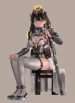  1girl belt black_hair boots breasts brown_hair cleavage highres holding ihobus long_hair original pouch sitting solo thigh-highs thigh_boots thigh_strap yellow_eyes 