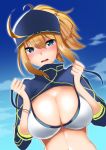 1girl abi_(abimel10) artoria_pendragon_(all) bangs baseball_cap bikini blonde_hair blue_eyes blue_headwear blue_sky blush breasts clouds commentary_request day eyebrows_visible_through_hair fate/grand_order fate_(series) hair_between_eyes hands_up hat large_breasts long_sleeves looking_at_viewer mysterious_heroine_xx_(foreigner) nose_blush open_mouth outdoors ponytail short_hair short_ponytail shrug_(clothing) sidelocks sky solo stomach swimsuit upper_body white_bikini 
